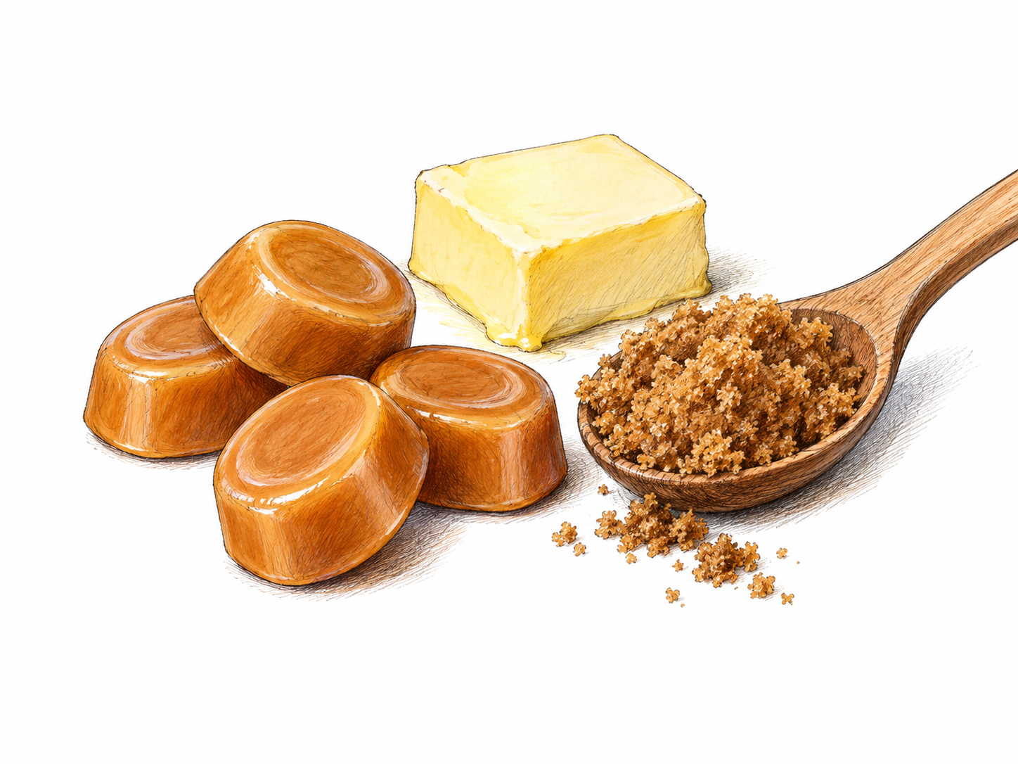 Few golden-brown butterscotch candies beside small pat of butter and spoonful of brown sugar, ingredients clarify flavor; no wrappers, labels or decorative kitchen.