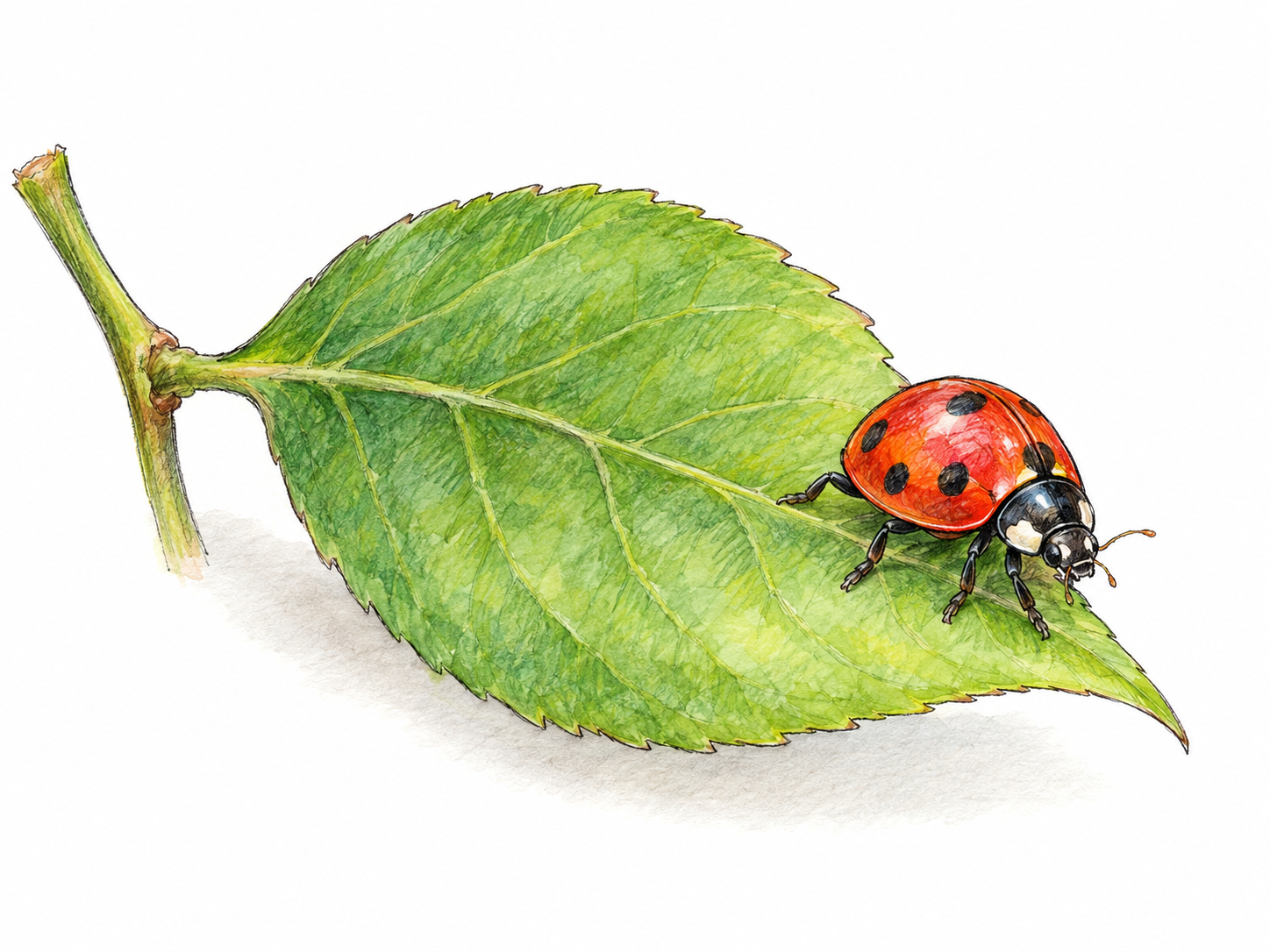 A small ladybug crawling along a fresh green leaf, with its six legs and antennae clearly visible.