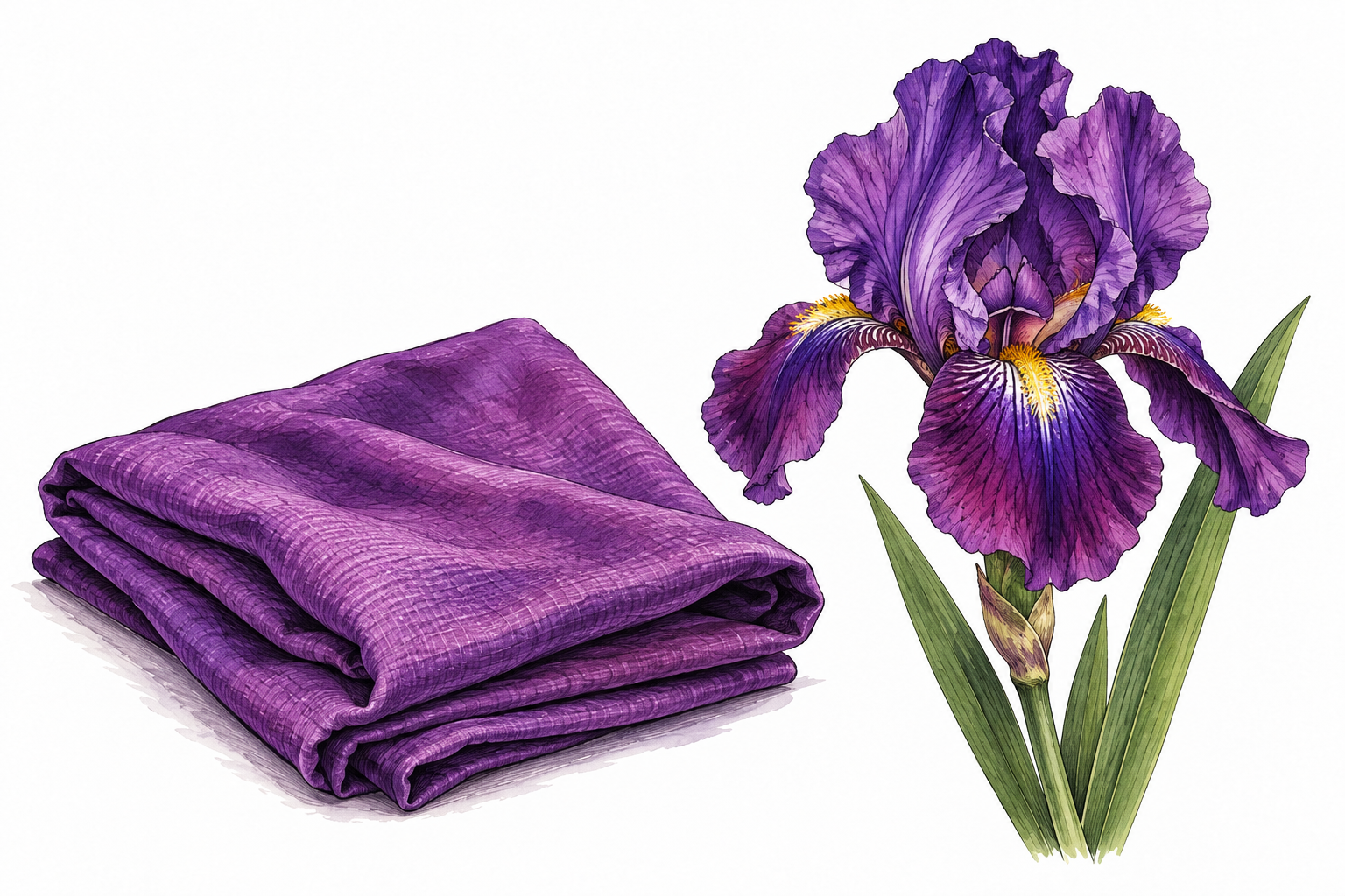 Folded purple cloth and a purple iris emphasize true red-blue purple hue.
