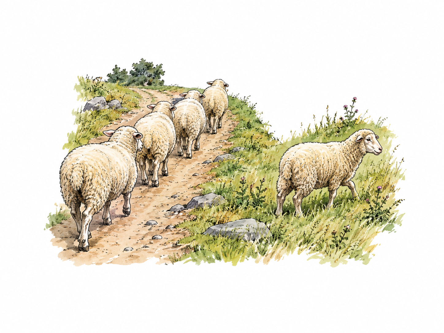 One sheep strays outside the flock's path while remaining sheep follow a shepherdless track.