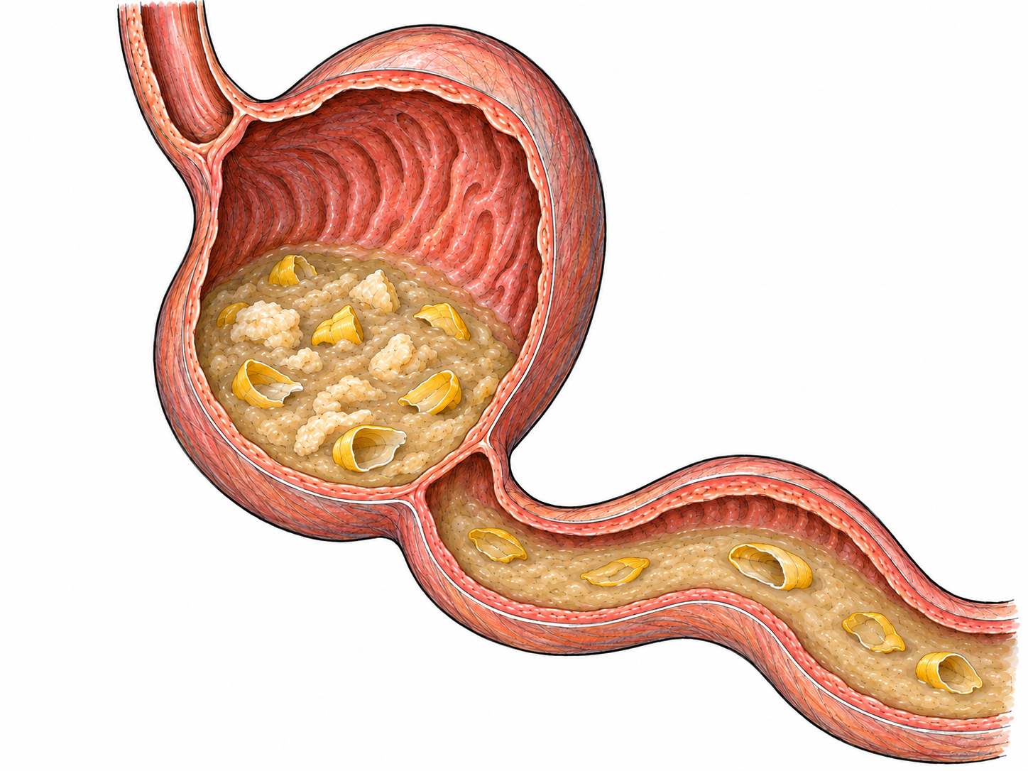 Show the physical sense through a compact digestive cutaway: soft food breaks down into slurry while recognizable sweetcorn outer skins remain intact as the contents pass from stomach into intestine.