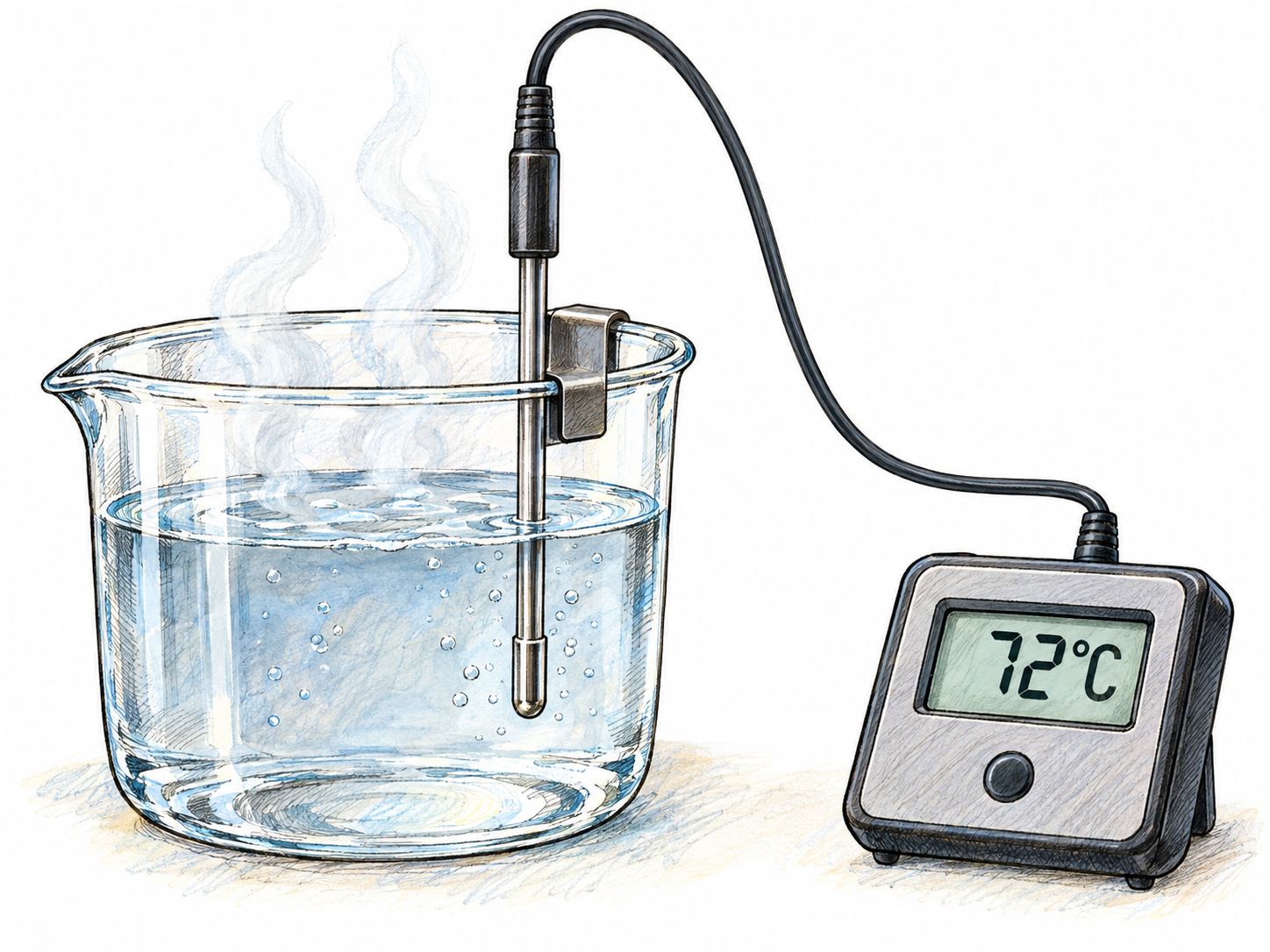 A wired temperature probe immersed in steaming water connects visibly to a compact digital meter showing 72°C, making both detection and measurement concrete.
