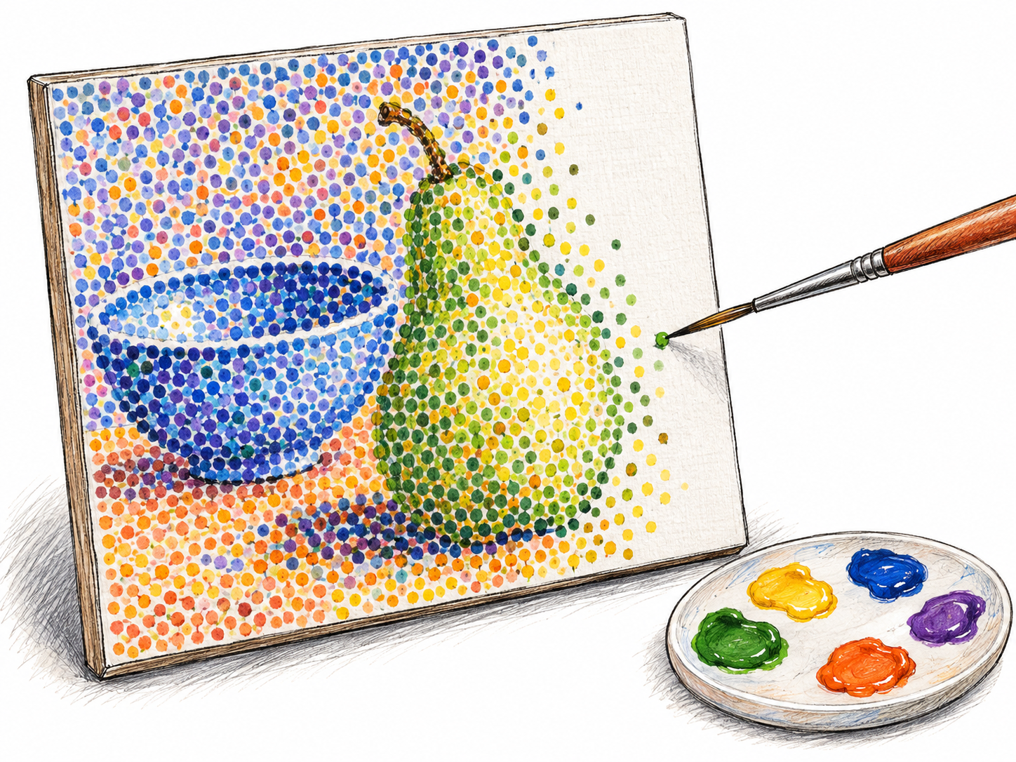 A close view of an unfinished still-life painting made entirely from distinct small colored dots, with a fine paintbrush touching down to add one more dot.