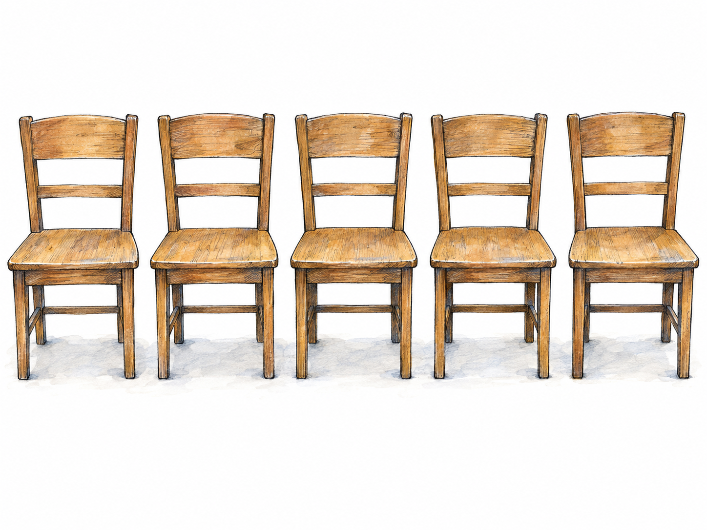Five matching empty chairs arranged side by side in one straight horizontal row, all facing the viewer.