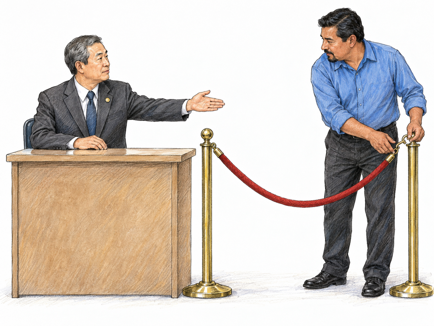 A civic prefect overseeing access to a public meeting: seated at a simple entrance desk, he authoritatively signals an attendant to open the rope barrier, and the attendant complies.