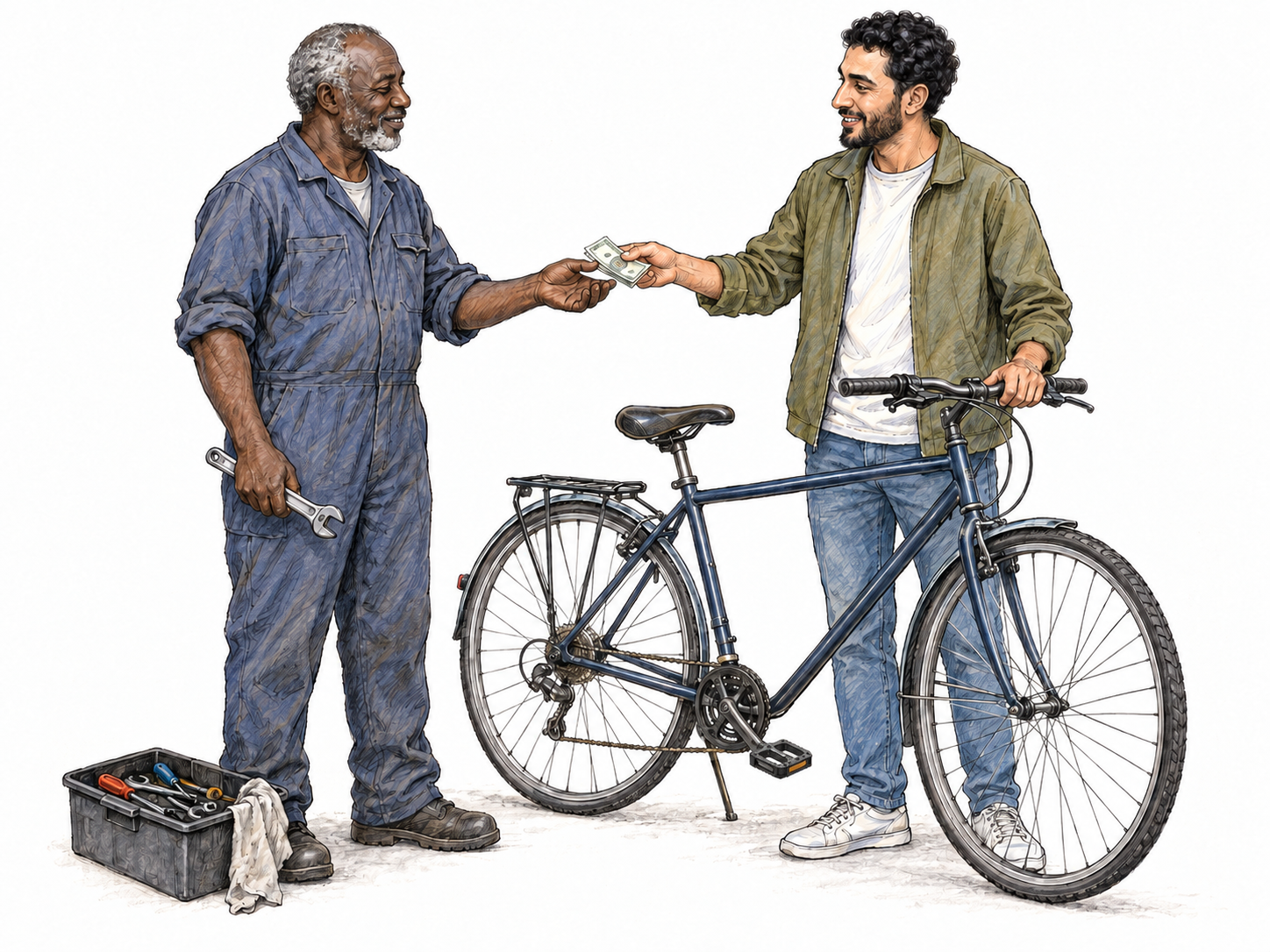 An older bicycle repairer receives payment from a young customer beside a repaired bicycle, with a few tools showing the work that earned the money.