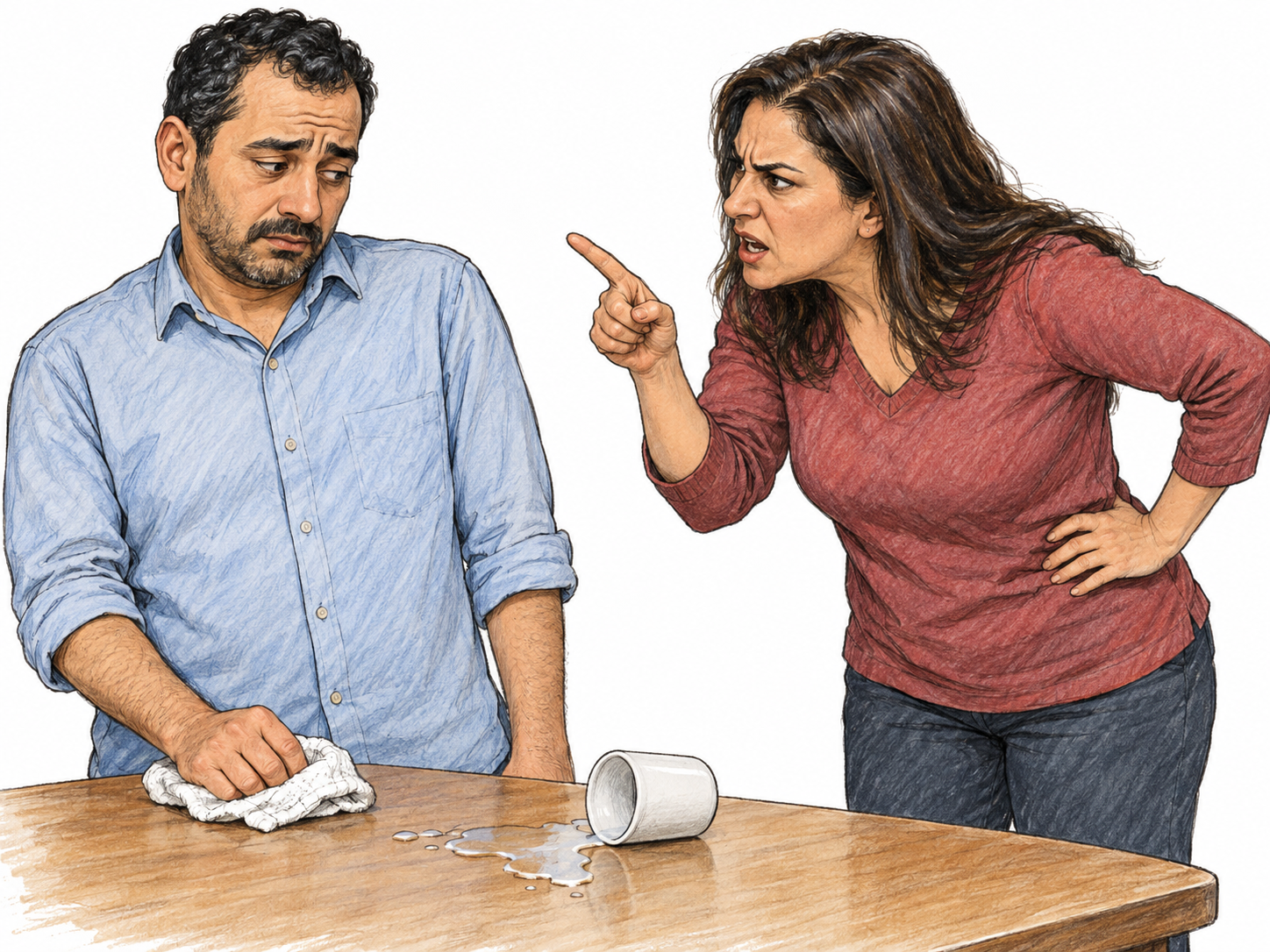 A woman harshly scolds an adult man over a small spill, leaning toward him with a rigid pointing finger and an angry, open mouth while he recoils with a cloth in hand.