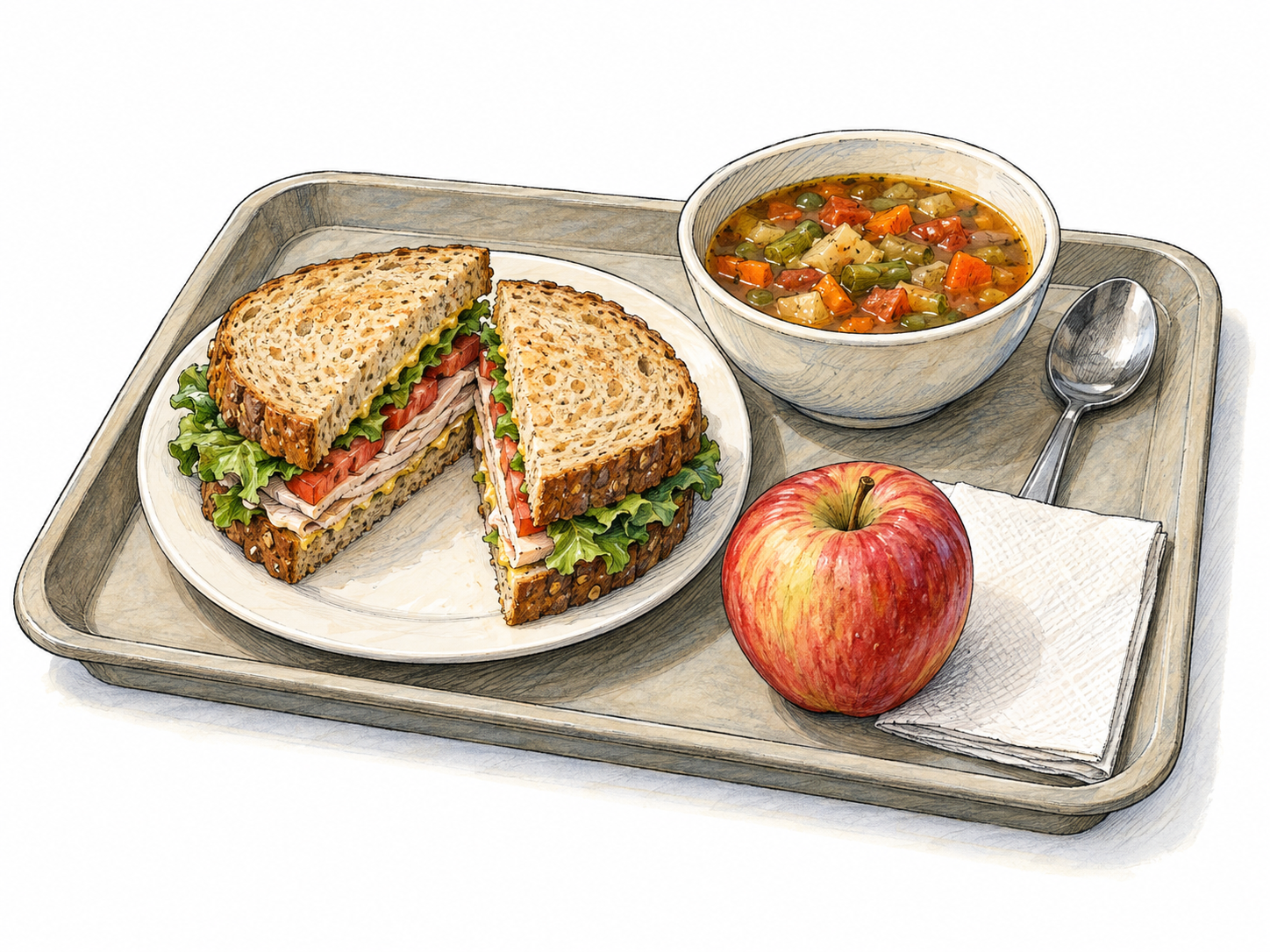 A simple, hearty informal meal: a thick sandwich, a small bowl of chunky soup, and an apple arranged on a plain cafeteria tray with a paper napkin.