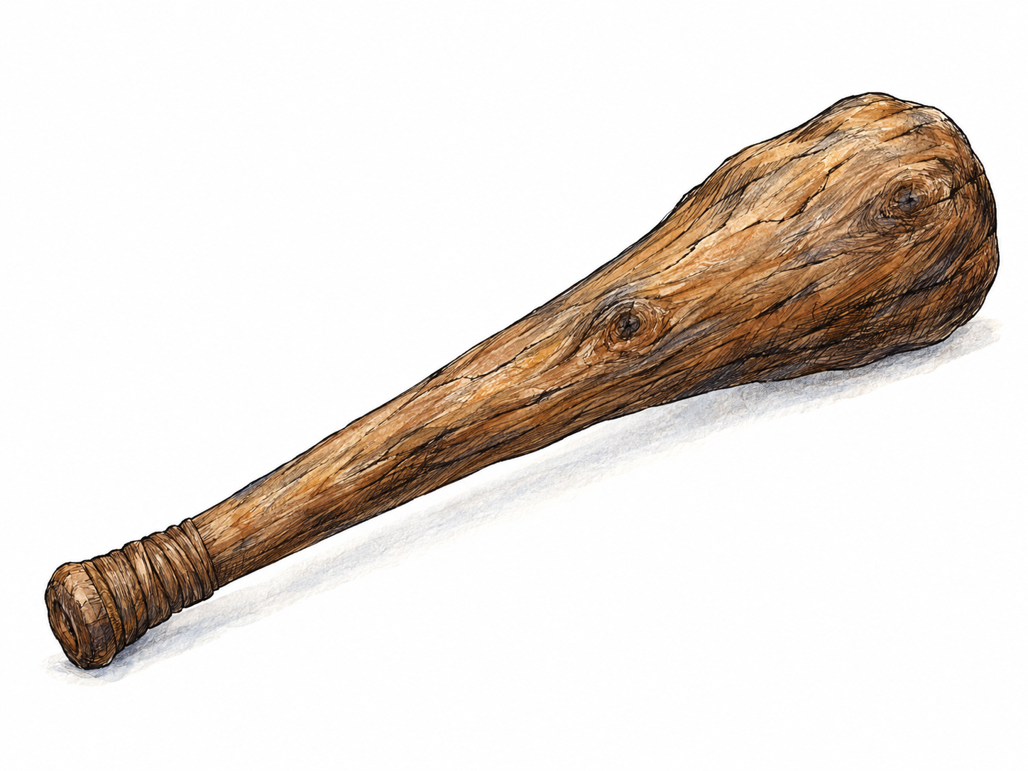 An isolated wooden cudgel with a short, thick shaft, a narrowed handgrip, and a heavy rounded striking end, clearly shaped as a club rather than a walking stick.