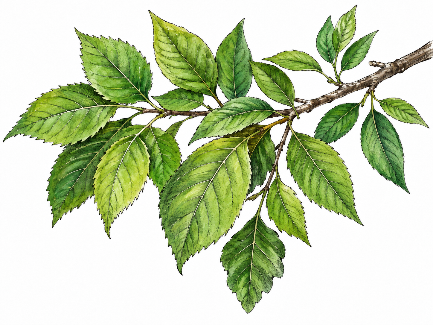 Lush cluster of varied green leaves attached to one branch, focus collective foliage, no flowers or animals, restrained green washes on white.