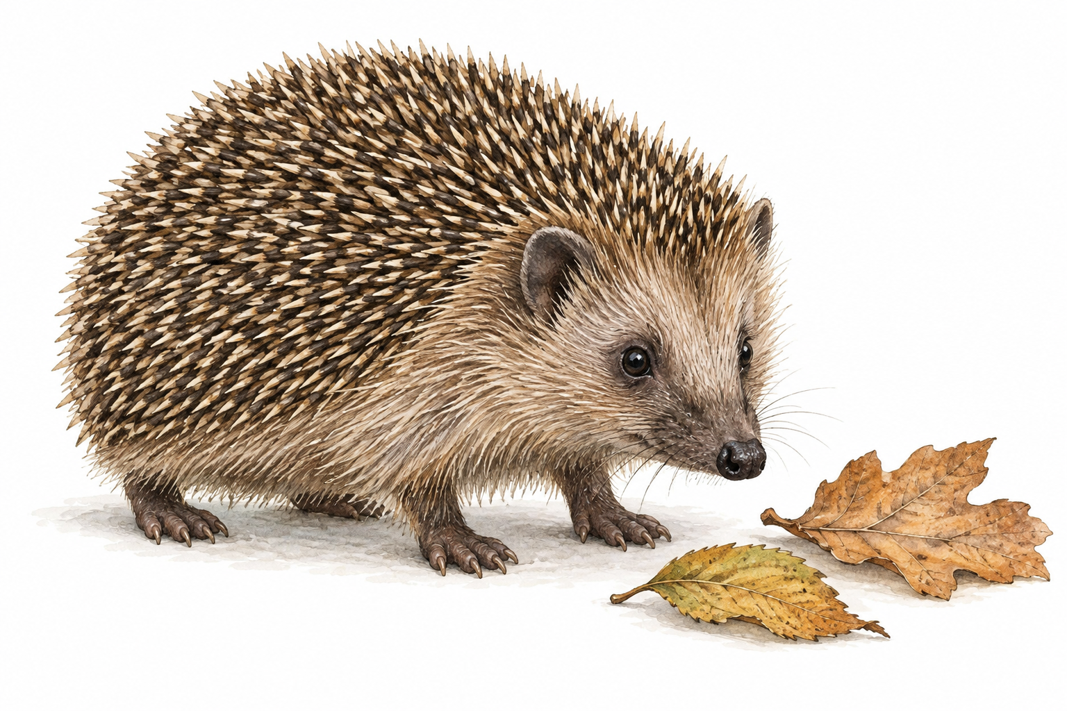 A recognizable small hedgehog shows its spines and pointed snout beside a few leaves.