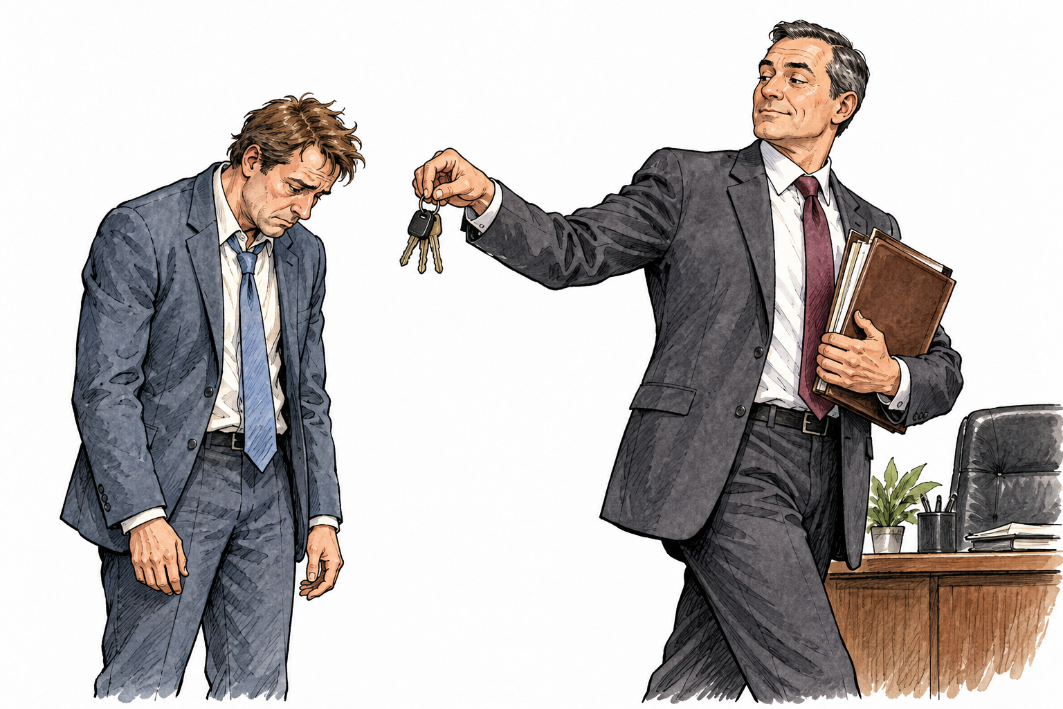 Adult male team leader looks diminished as another official takes away his keys and decision-making folder, loss of authority and confidence, nonsexual and no text.