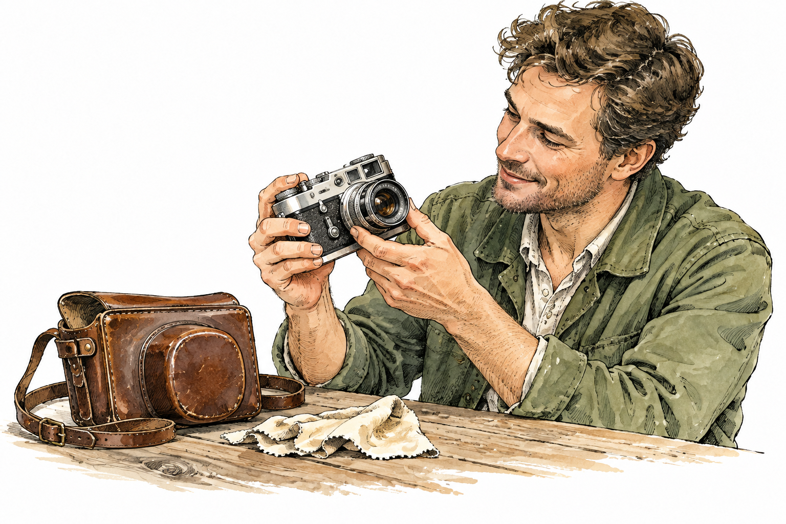 Collector admires a well-preserved midcentury camera with leather case, aged prized object, no brand or text.