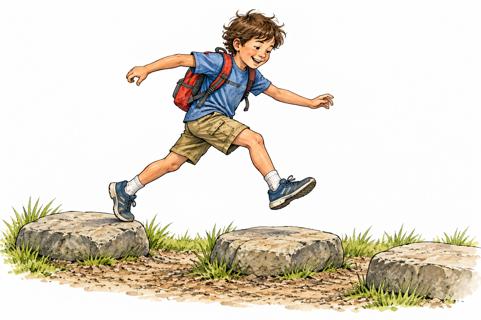 A cheerful school-age boy hopping across playground stepping stones with a small backpack, clear child.