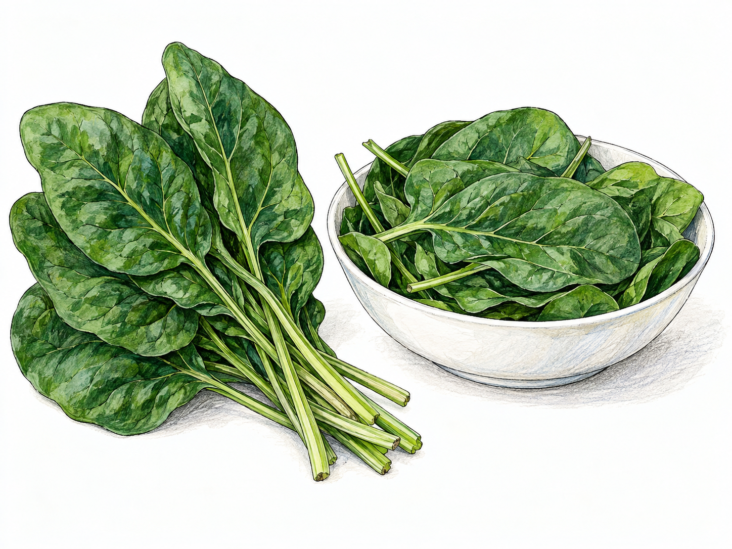 A small bunch of fresh spinach with broad dark-green leaves and slender green stems, beside a shallow bowl of loose spinach leaves ready to eat.