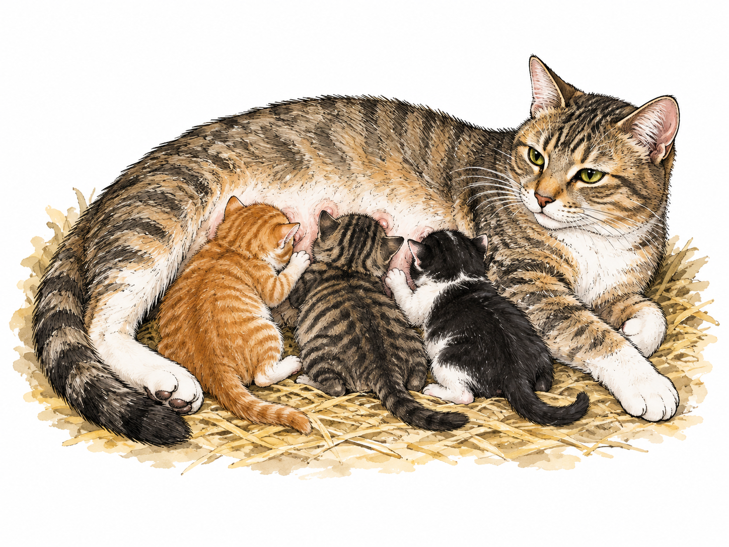 A mother cat nursing her kittens in a quiet sheltered nest.