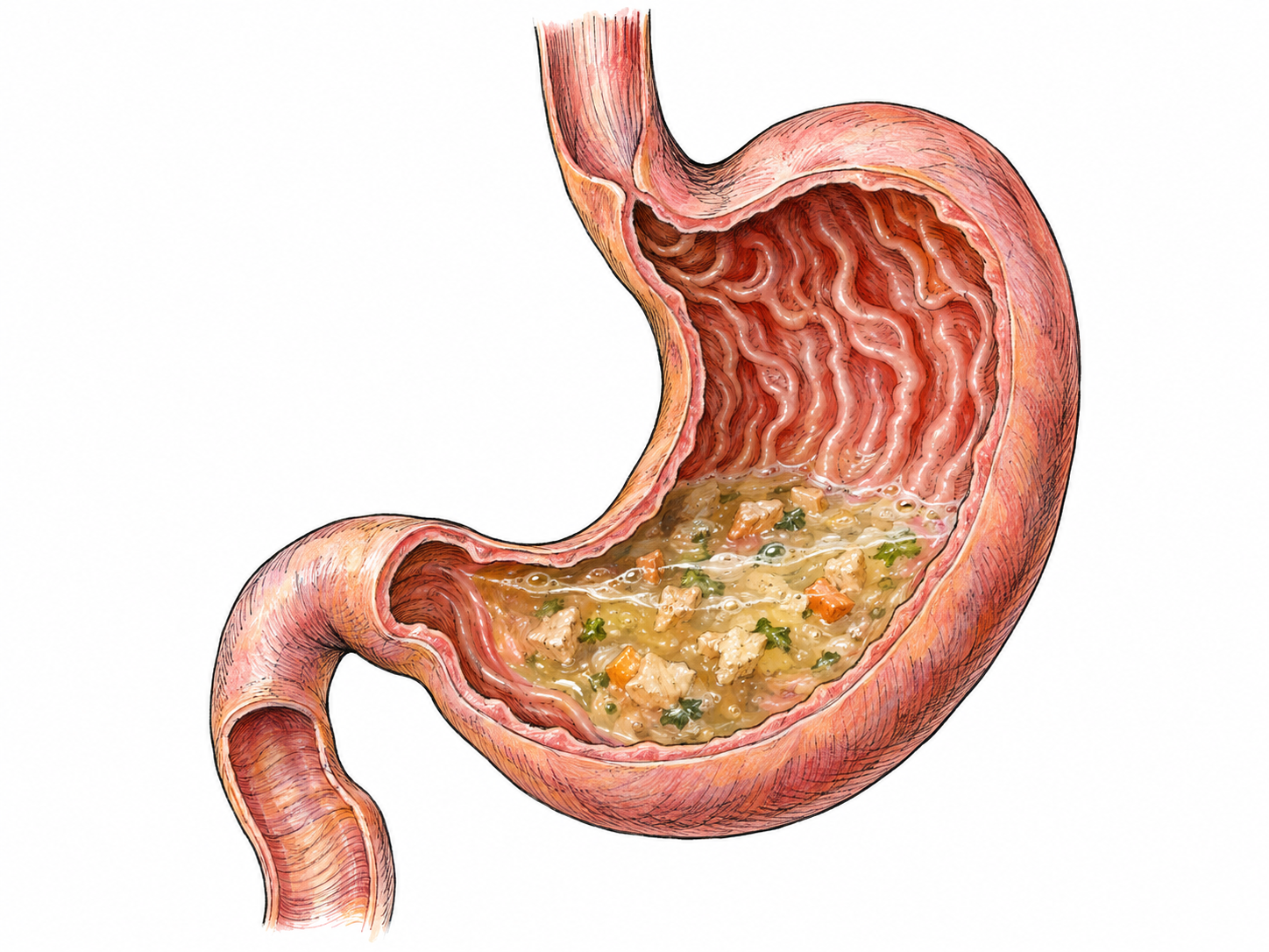 A simple anatomical cutaway of a healthy stomach containing partially broken-down food in gastric fluid, directly showing stomach digestion without implying disease.