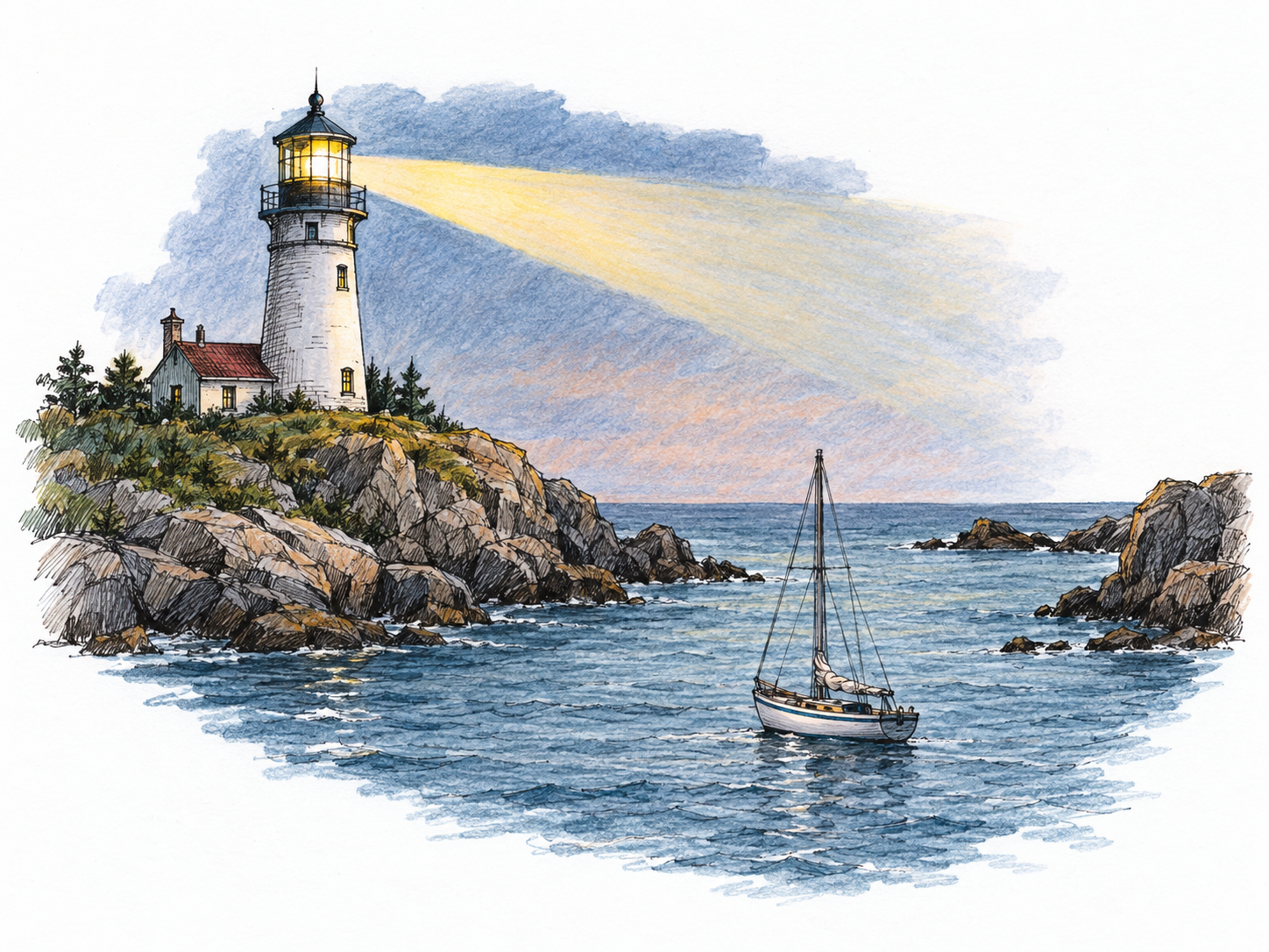A coastal lighthouse shines a conspicuous beam across a rocky harbor entrance, providing a visible signal light beside the safe channel.