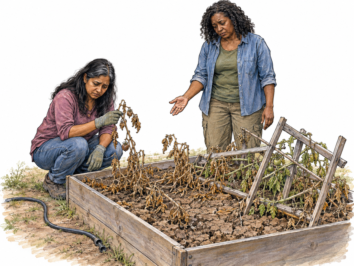 Two women survey a lamentably neglected community garden: vegetables lie dead in cracked soil, its irrigation hose is disconnected, and a collapsed trellis has crushed the remaining plants.