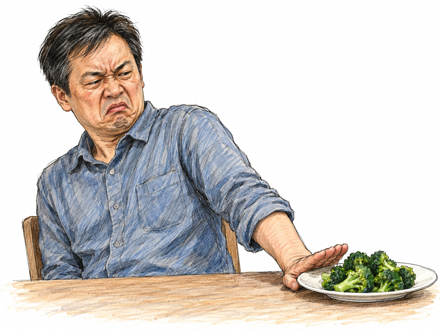 A man recoils with emphatic disgust from a small plate of cooked broccoli, pushing it away with a firm rejecting gesture to show intense dislike rather than mere indifference.