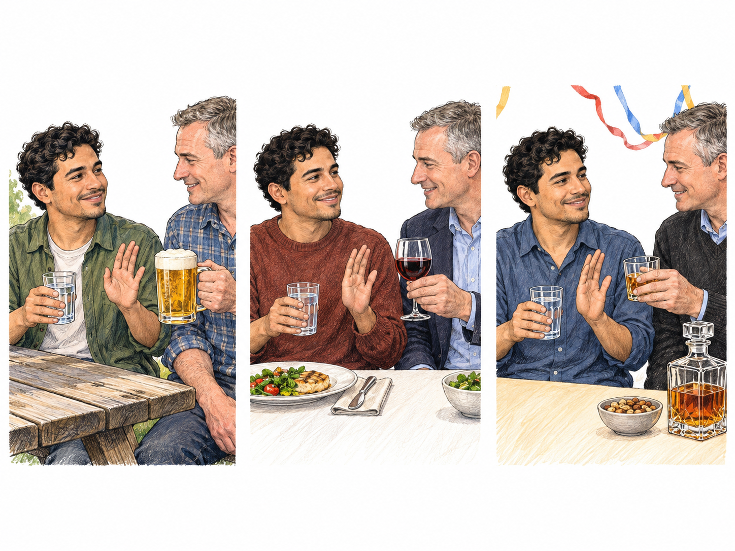 The same man consistently chooses water and declines beer, wine, and spirits across three ordinary social occasions, making complete abstinence recognizable as a practice rather than a single refusal.