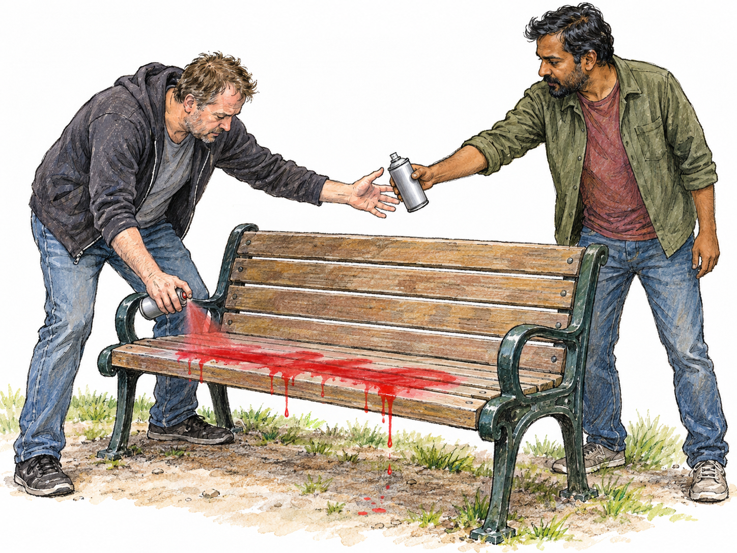 A man helps another man vandalize a clean public-park bench by handing him a second spray-paint can while he sprays a messy streak across the seat.