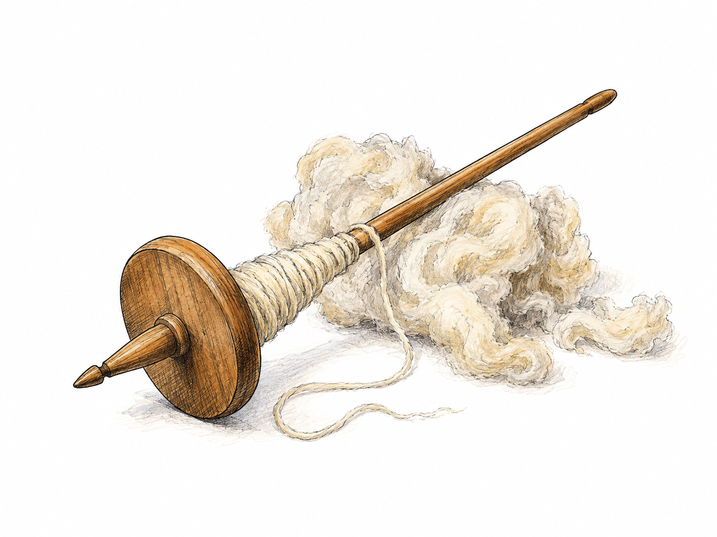 A traditional wooden drop spindle with whorl winds thread around its shaft, loose wool beside it.