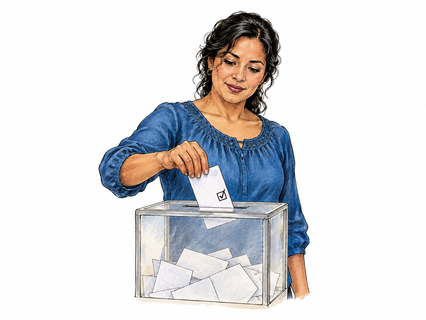 An adult voter places a folded plain ballot into the slot of a clear-sided ballot box, having marked one small checkbox on the visible corner.
