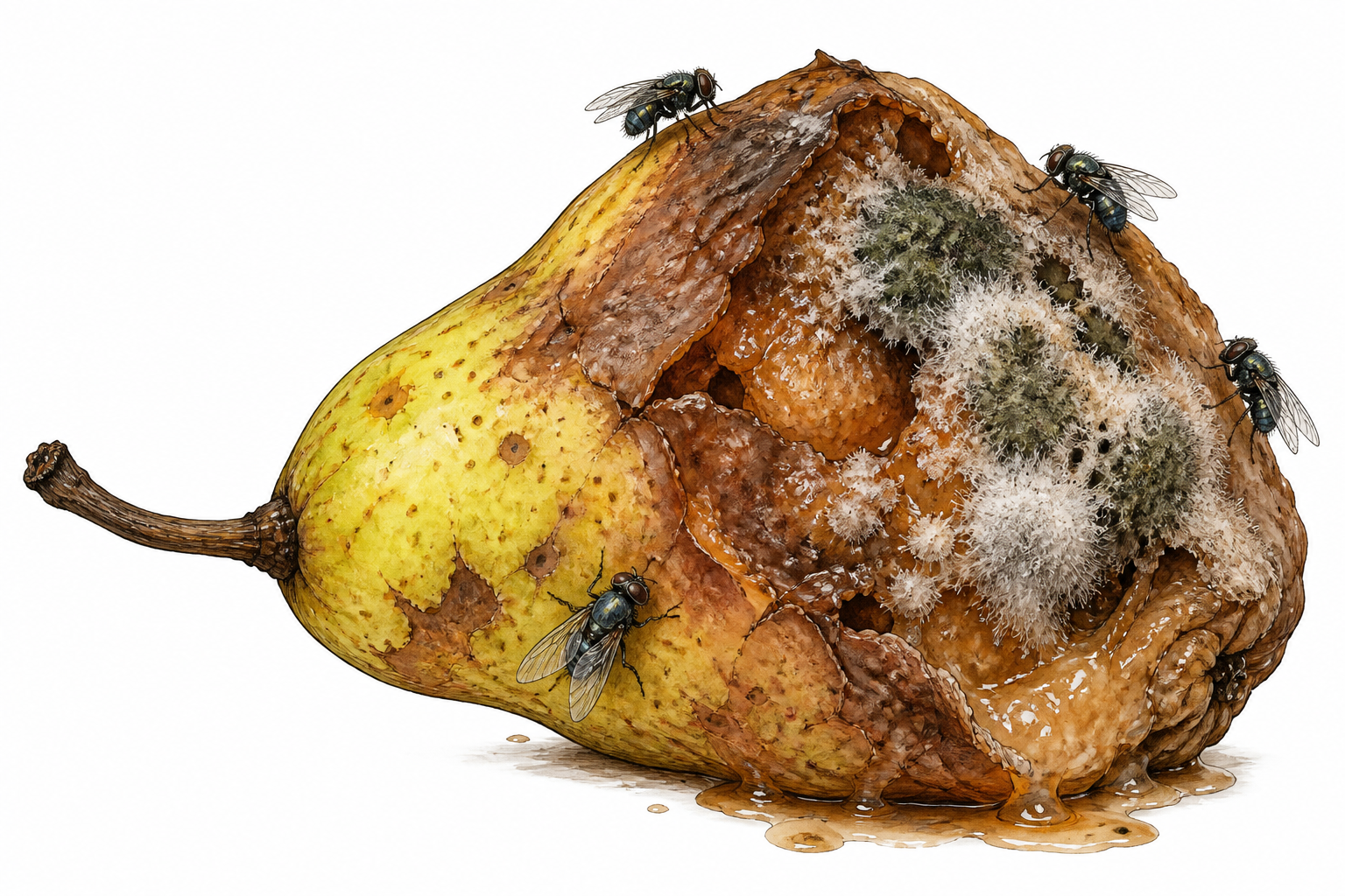 Rotting pear with extensive soft brown moldy surface and flies, plant decay only no animals.