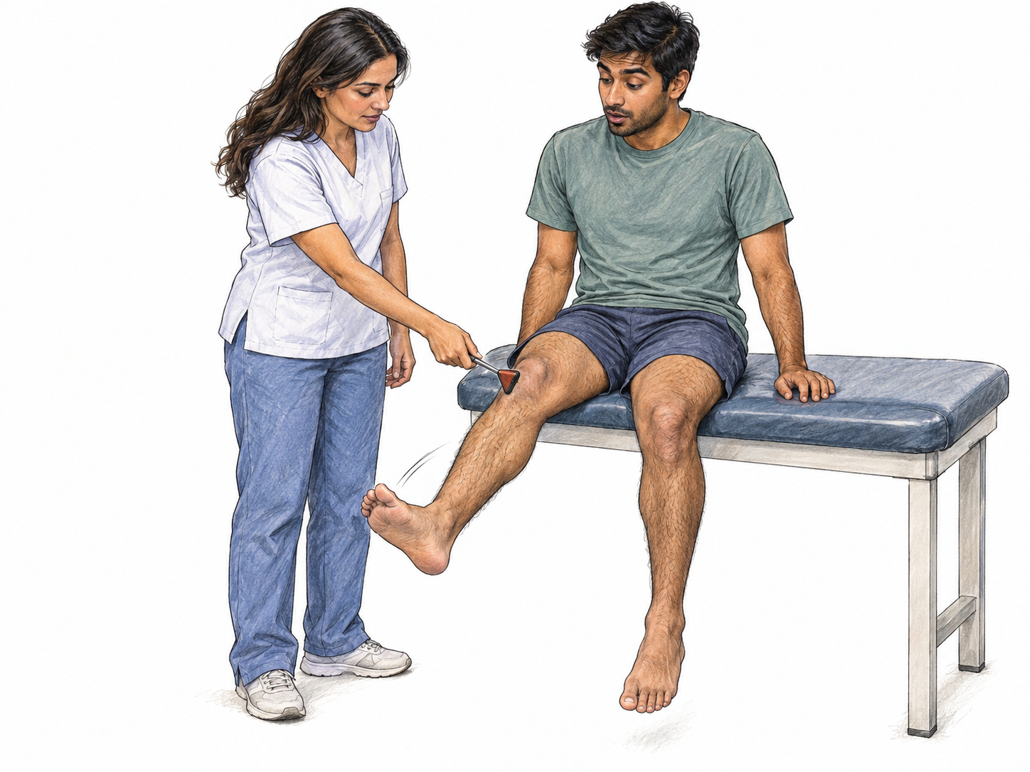 A seated patient's lower leg reflexively kicks forward as a clinician taps just below his kneecap with a reflex hammer.