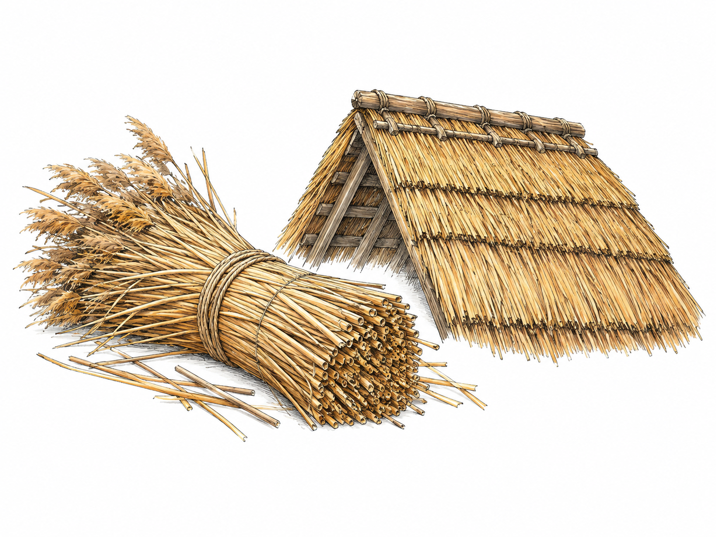 A thick bundle of golden dried reeds lies beside a small pitched-roof section fully covered with overlapping reed thatch.