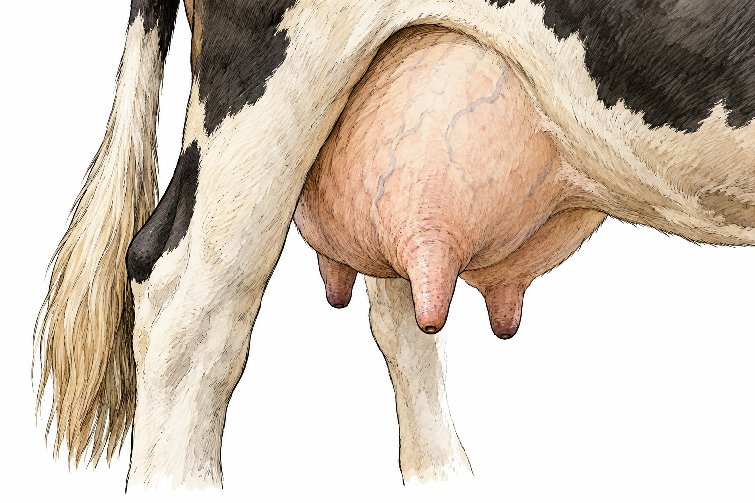 A clean veterinary close-up of a cow's udder showing one small projecting teat clearly emphasized, anatomically accurate and nonsexual, no labels.
