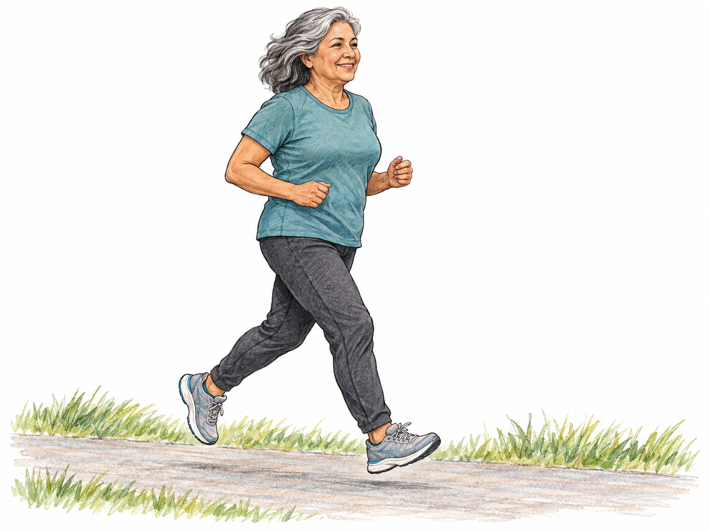 An older woman jogging along a simple park path, with a short airborne stride, lightly bent arms, upright posture and relaxed expression distinguishing an easy jog from walking or sprinting.