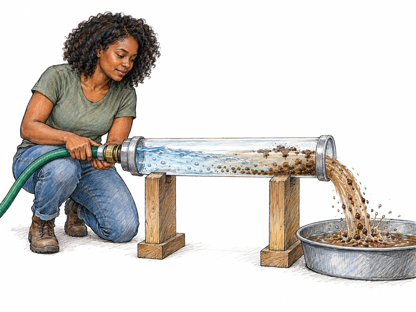 A woman flushes mud and grit from a short transparent tube by forcing hose water through it.