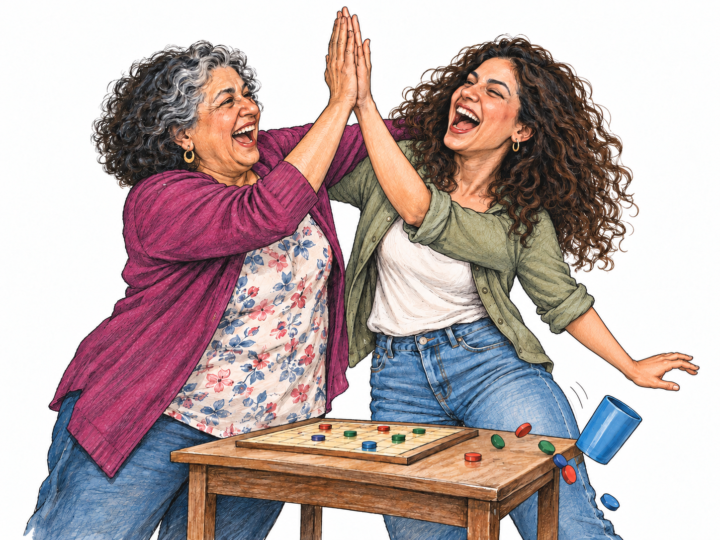 Two women celebrate a tabletop game with exuberantly open mouths, forceful high-fiving and a rough, jostling side embrace that tips an empty cup.