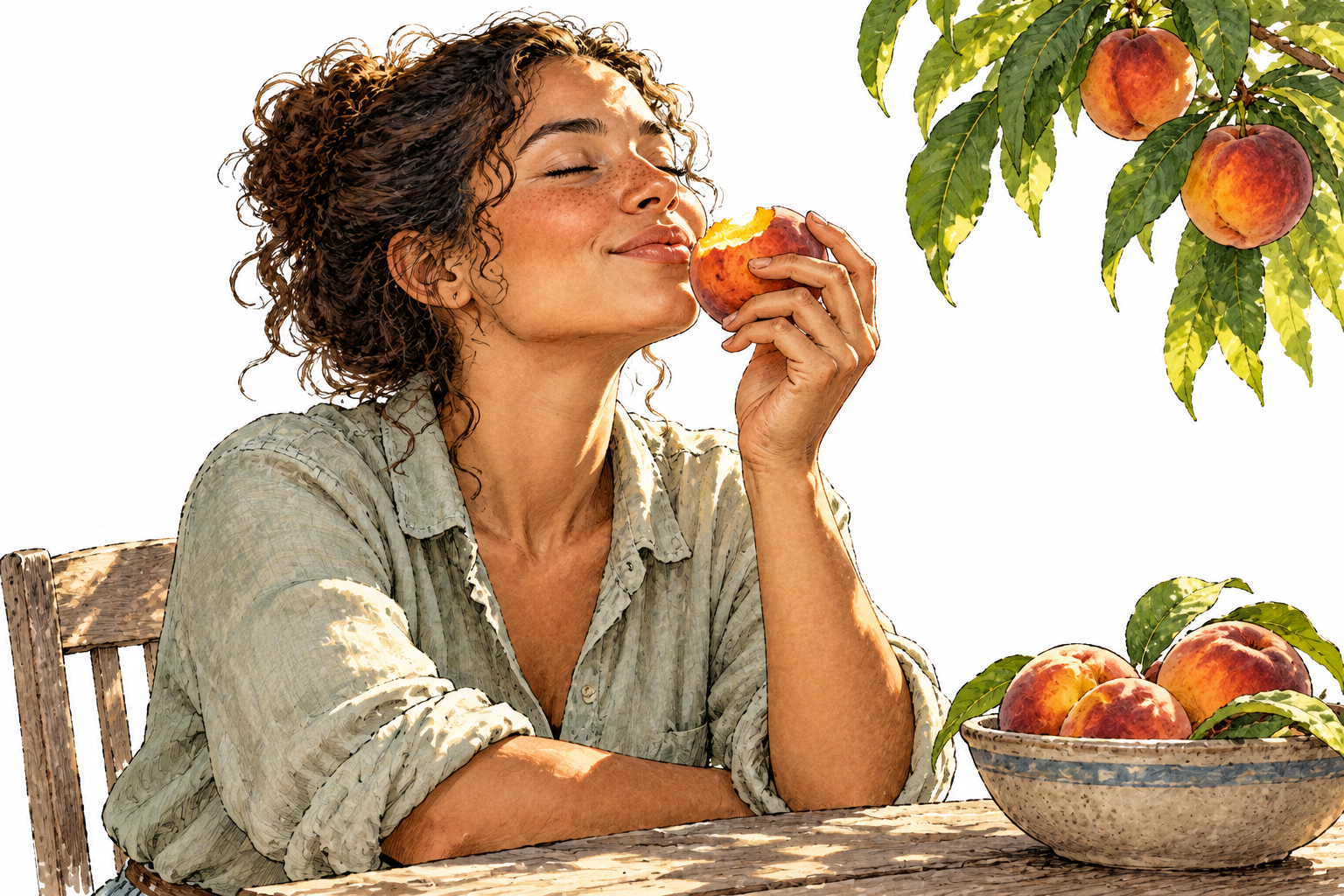 An adult savors a ripe peach in warm sunlight, pleasure through taste, fully clothed nonsexual scene.