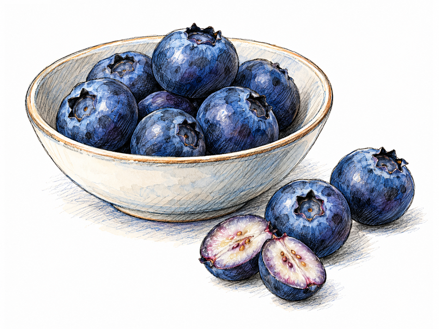 A shallow plain bowl with a small handful of ripe blueberries, two loose berries beside it and one berry cut in half showing juicy pale flesh.