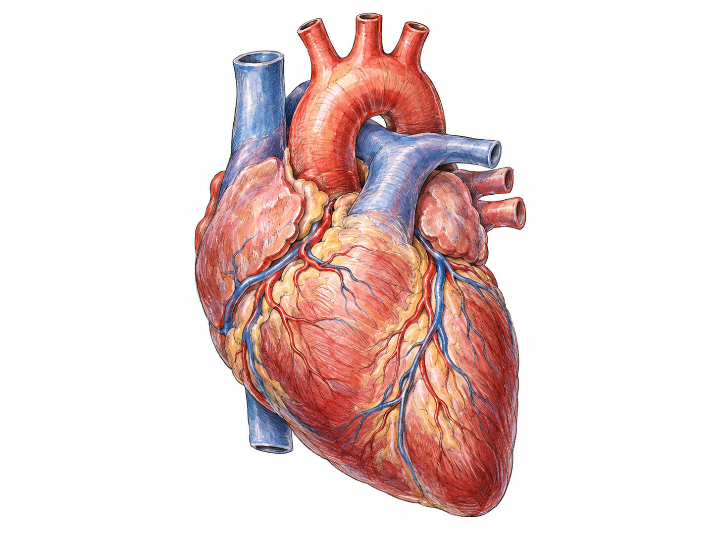 A single anatomically accurate human heart, showing its muscular form, major attached vessels and branching coronary vessels, isolated on white.
