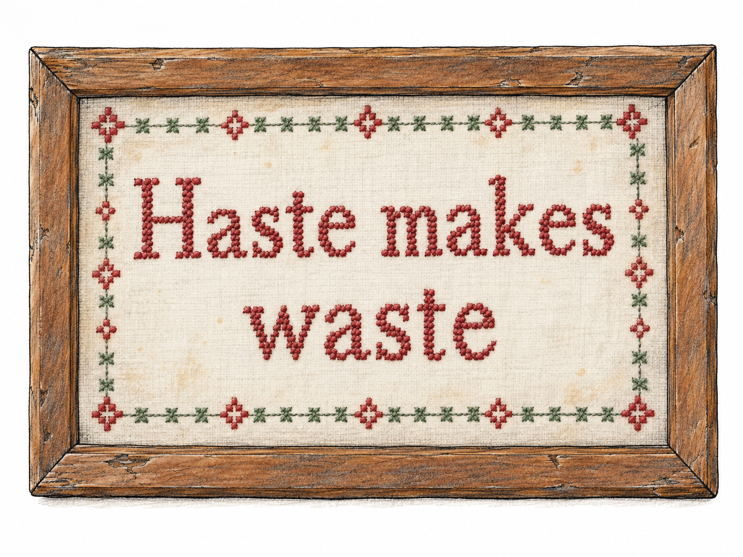 A worn, framed needlework sampler bearing the traditional saying “Haste makes waste.” The saying itself is an intrinsic specimen of the word's referent, while the aged handmade artifact supports its traditional character.