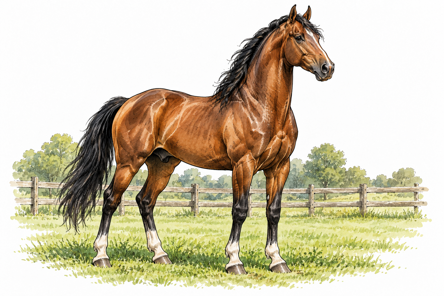 A healthy adult breeding stallion stands within a well-kept pasture, neutral animal husbandry context.