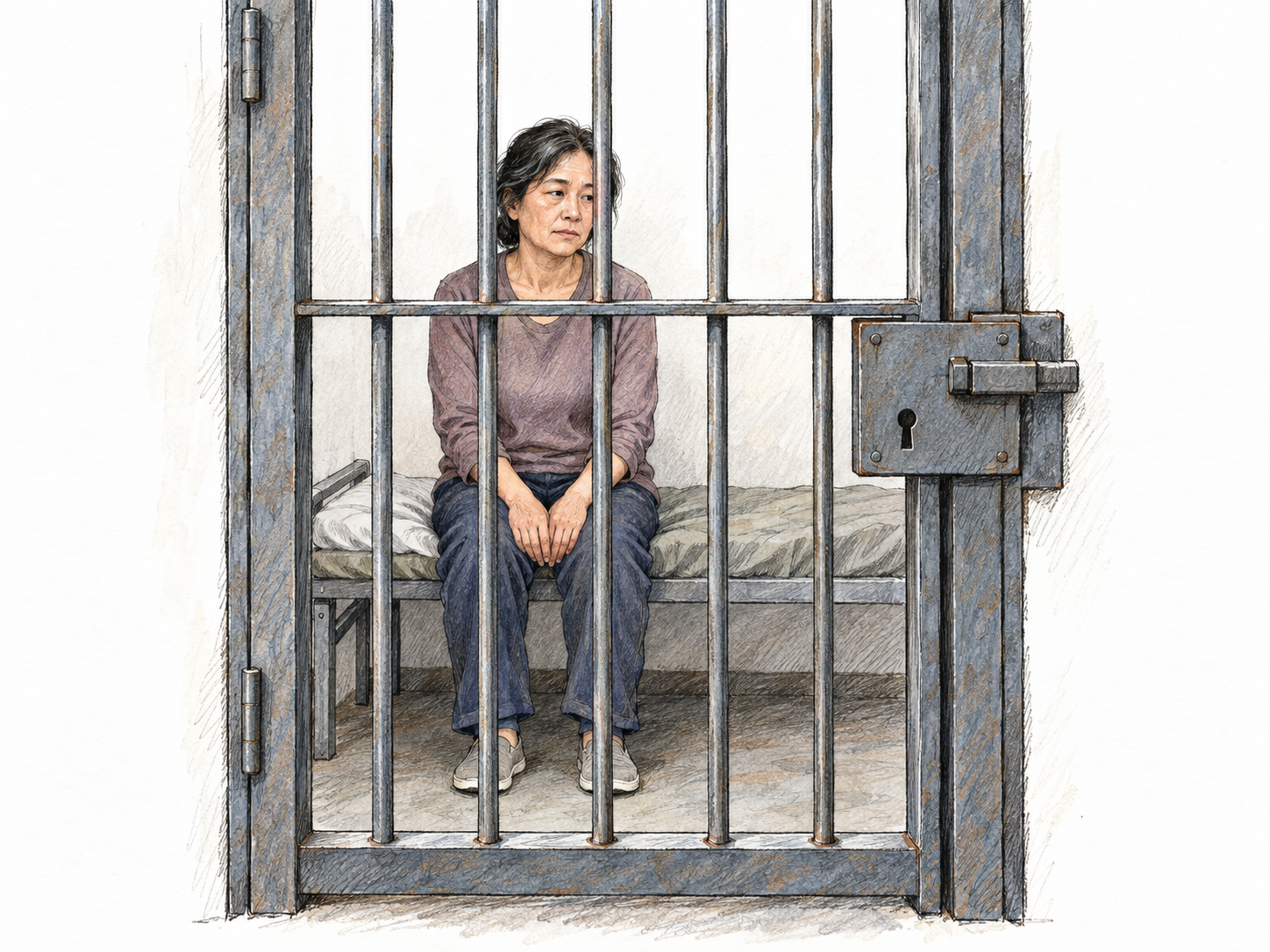 A middle-aged East Asian woman sits on a plain bunk inside a locked modern jail cell, with the closed barred door clearly establishing confinement.