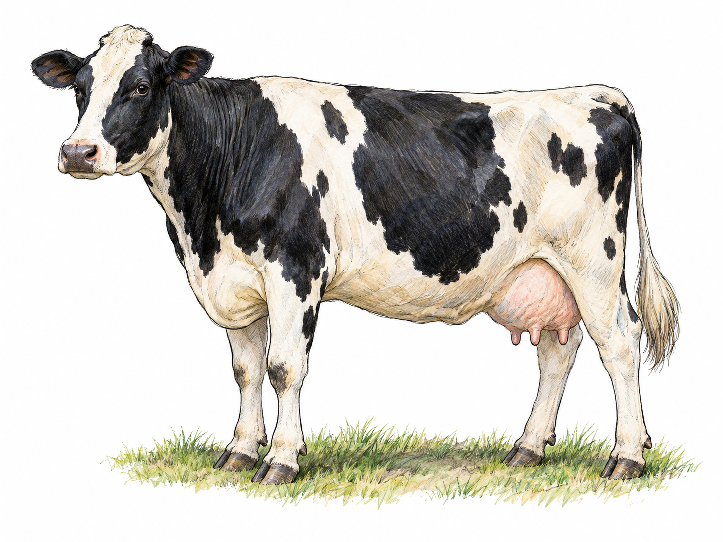 A single adult dairy cow standing in a clear three-quarter side view, with her mature body and visible udder making the female bovine meaning recognizable.