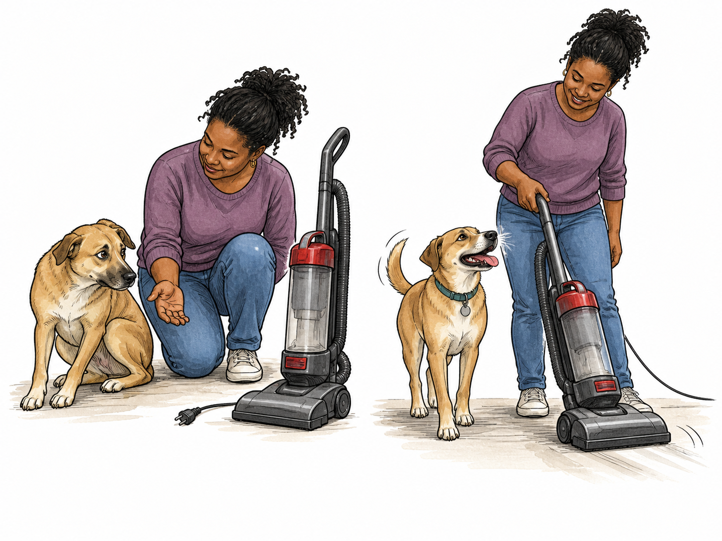 Two simple stages show a nervous rescue dog first hesitant beside a vacuum cleaner switched off, then relaxed as its owner gently introduces it during ordinary cleaning.
