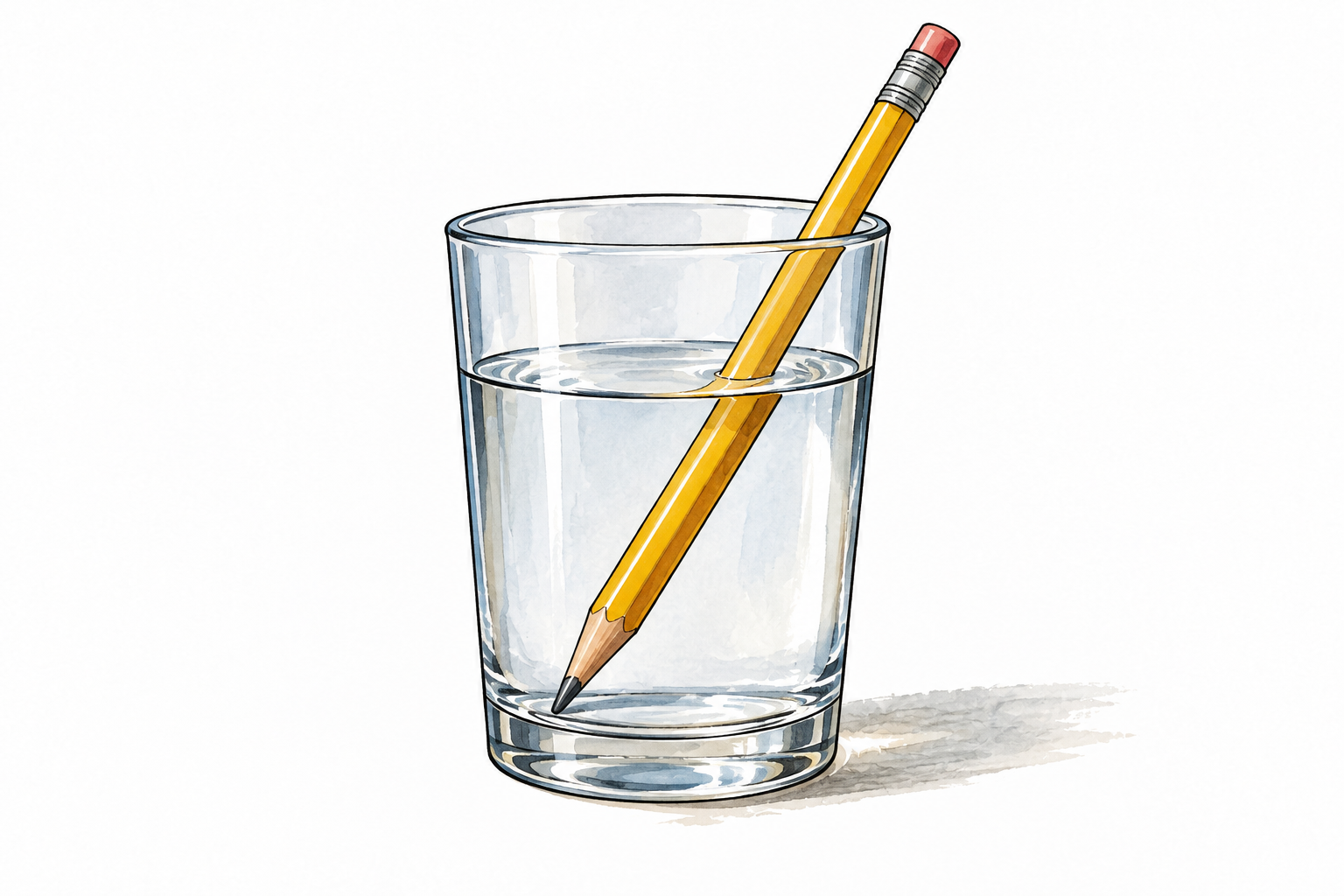 A straight pencil appears bent where it enters a clear glass of water, recognizable optical illusion.