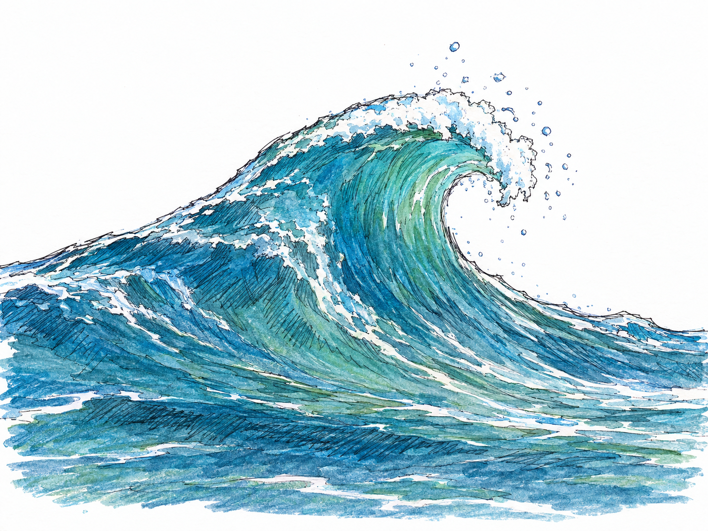 A single ocean wave in side profile, with a sharply defined curling upper edge crowned by white foam, emphasizing its crest.