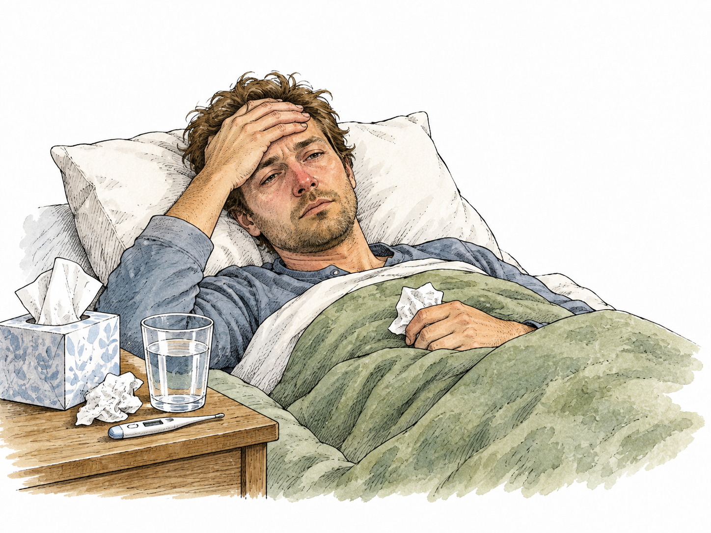 A white adult with a fever rests under a blanket with tissues and water nearby, no exaggerated disease.