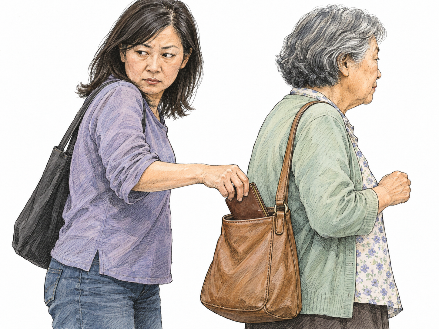 A pickpocket covertly steals a wallet from an older woman's shoulder bag, making the criminal identifiable through the visible theft rather than appearance or arrest.