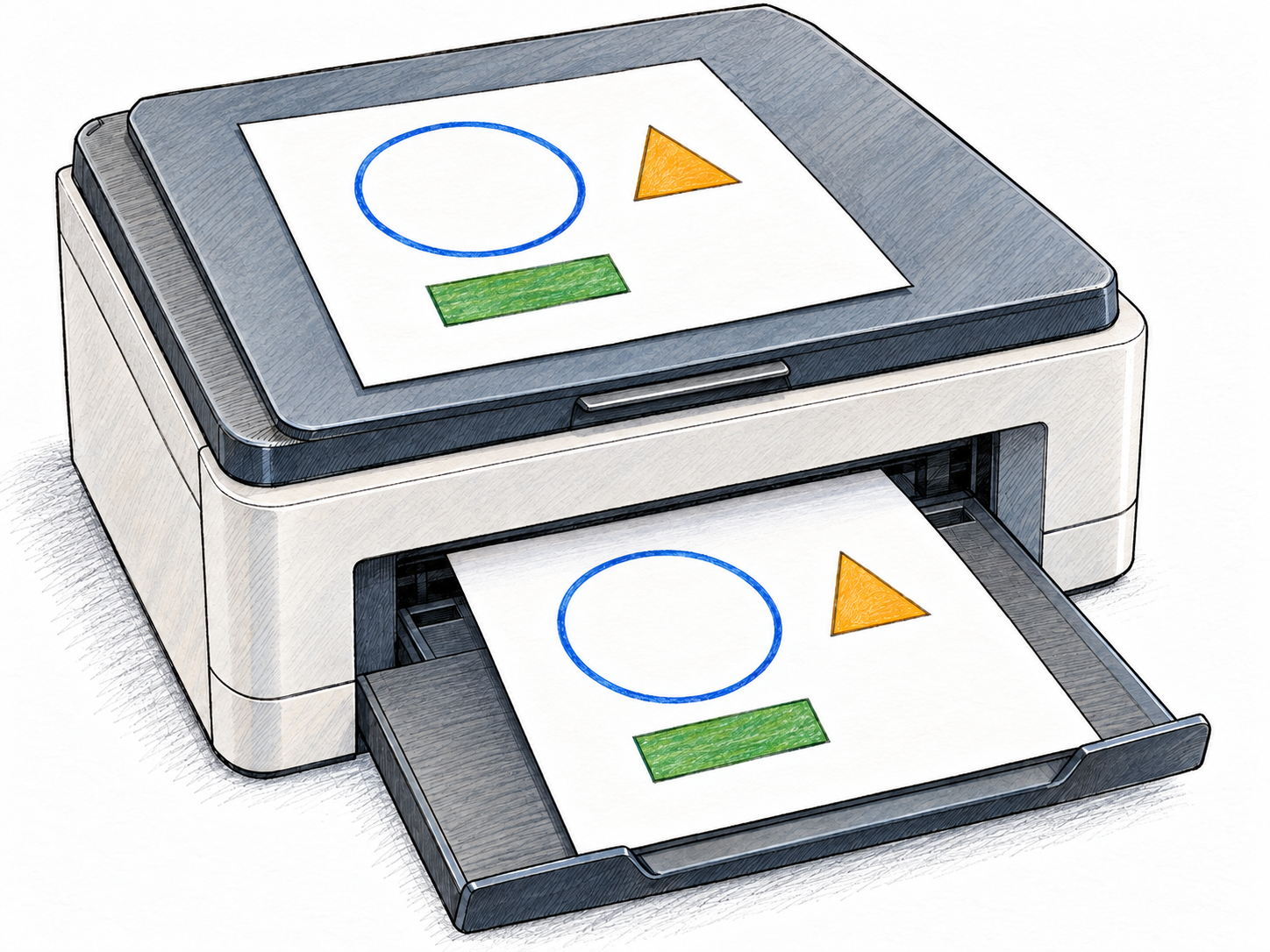 A photocopier has produced an exact copy of a harmless geometric drawing; the original and output are displayed face up at equal size beside the recognizable copying machine.