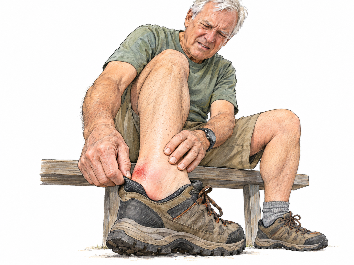 An older man pulls a stiff hiking-shoe heel collar away from a visibly reddened, rubbed patch on his bare heel, wincing as he examines the painful contact point.