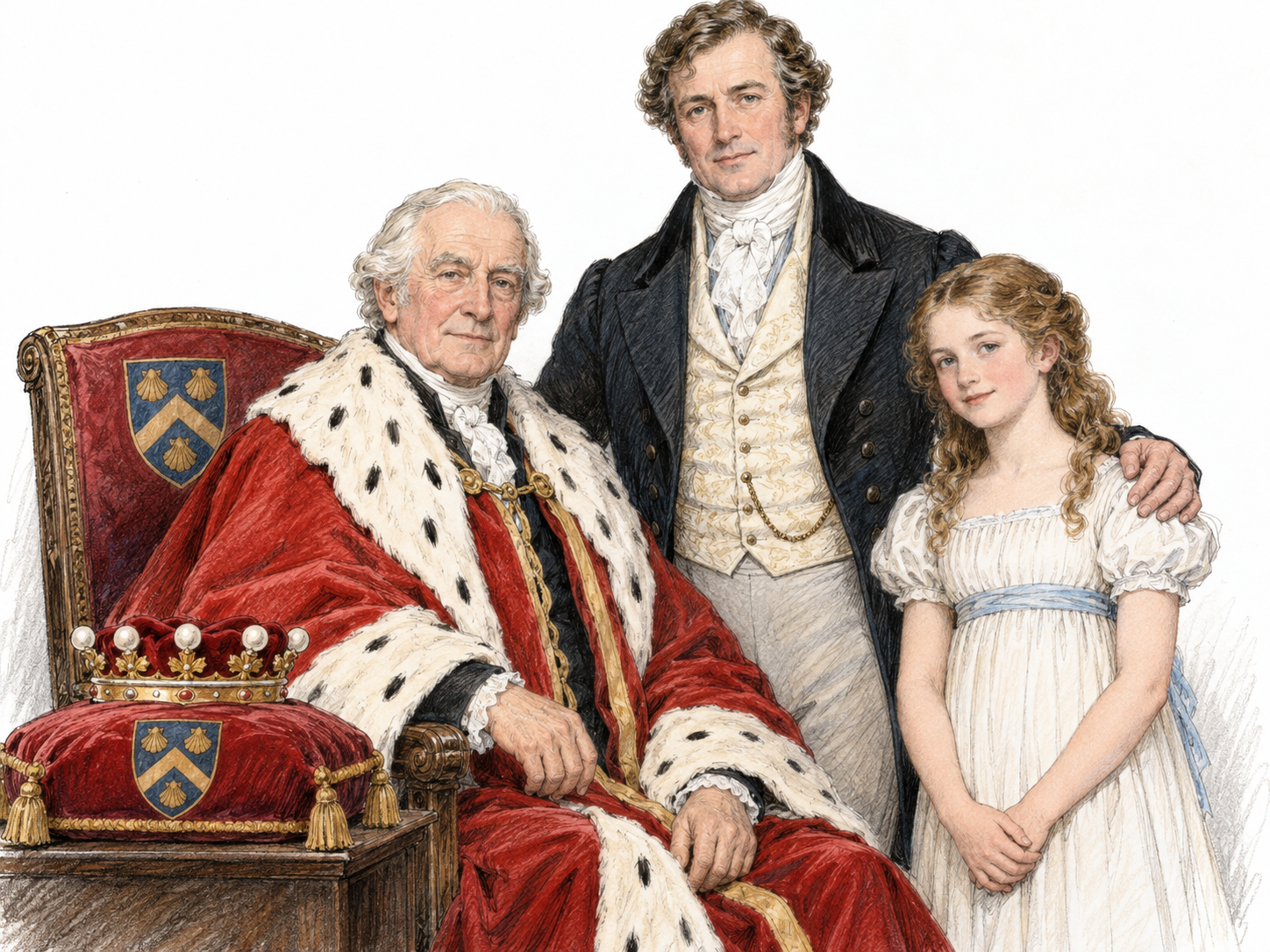 A formal three-generation British noble-family portrait, with peers’ robes, rank coronets and a shared heraldic crest making hereditary nobility—not simply wealth—the central subject.
